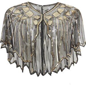🆕 Women Gold Sequin Beaded Evening Cape Zig Zag Themed Party Dress Shawl Wraps